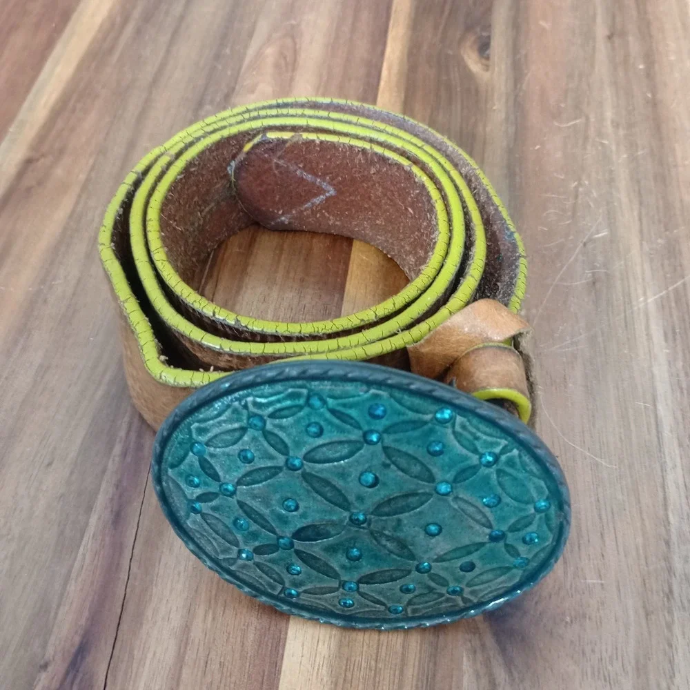 Vintage GAP Belt Y2K Brown Leather Statement Buckle Teal‎ Rhinestones Small